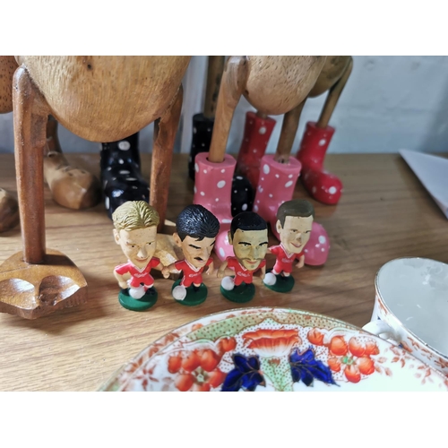 417 - Family of 5 wooden modern ducks wearing wellies and 4 football figures