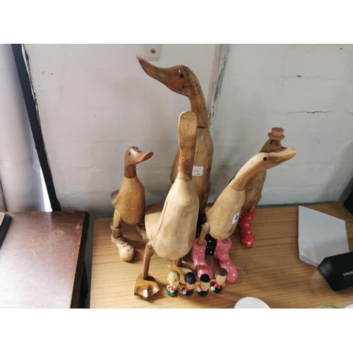 417 - Family of 5 wooden modern ducks wearing wellies and 4 football figures