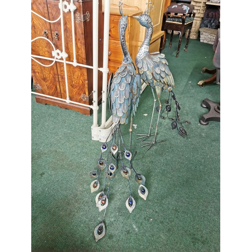 419 - Pair of tall metal garden ornaments with glass bead tails 94cm tall by 63cm