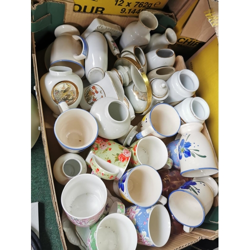 424 - Large of 9 boxes of various odds inc table lamps, ceramics stone ware, steins, crystal glass ware in... 