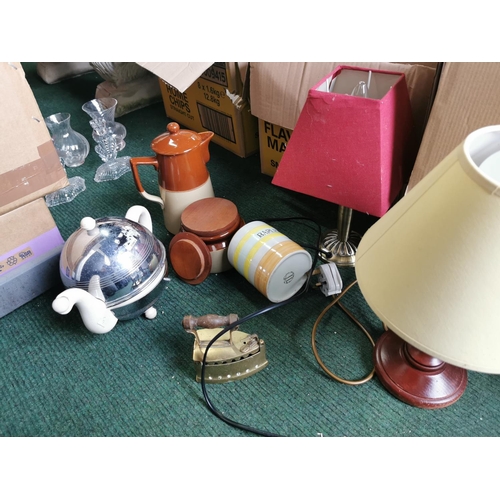 424 - Large of 9 boxes of various odds inc table lamps, ceramics stone ware, steins, crystal glass ware in... 