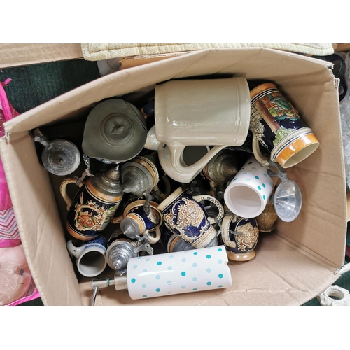 424 - Large of 9 boxes of various odds inc table lamps, ceramics stone ware, steins, crystal glass ware in... 