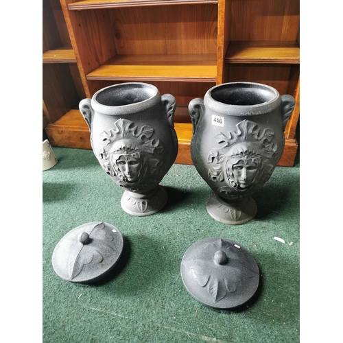 446 - Pair of plastic urn shaped planters with lids height of 51cm width of 26cm