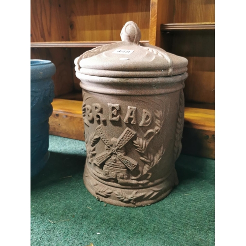 448 - Quantity of four large plastic planters inc one formed as a bread crock tallest by 36cm high by 44cm... 