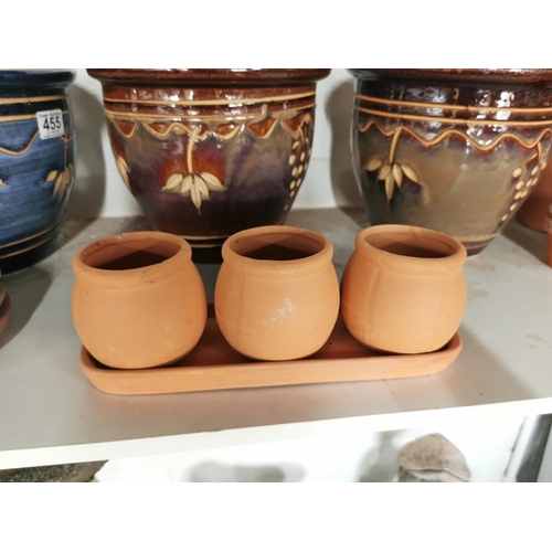 455 - Job lot of glazed and terracotta planters inc four good quality glazed planters 21cm by 26cm a large... 