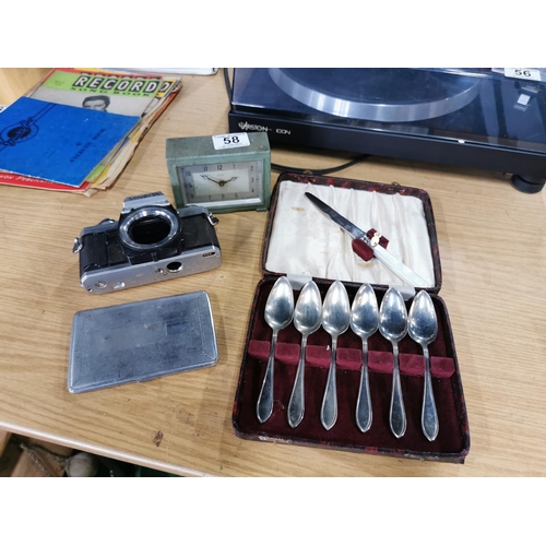 58 - Vintage Enfield clock, cased spoon set and a Minolta X-300 body, a cigarette case and a vintage BLD1... 