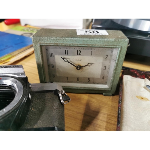 58 - Vintage Enfield clock, cased spoon set and a Minolta X-300 body, a cigarette case and a vintage BLD1... 