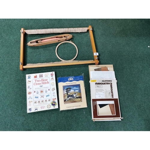 6 - Tapestry frame, a loom shuttle plus cross stich kits, marquetry kits etc