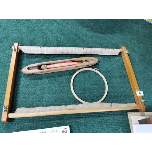 6 - Tapestry frame, a loom shuttle plus cross stich kits, marquetry kits etc