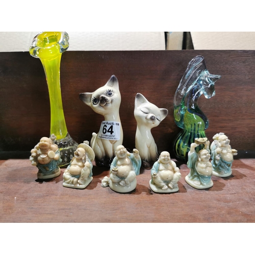 64 - Quantity of 6 small buddha figures cat salt and peppers and Mdina glass paper weights