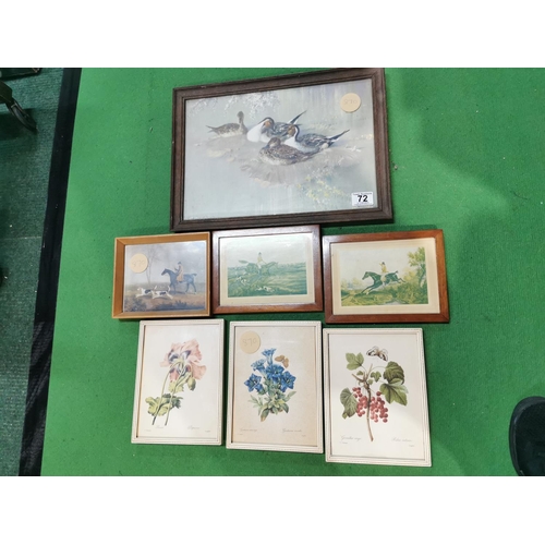 72 - Quantity of framed pictures inc three hunting scene ones