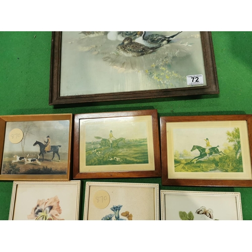 72 - Quantity of framed pictures inc three hunting scene ones