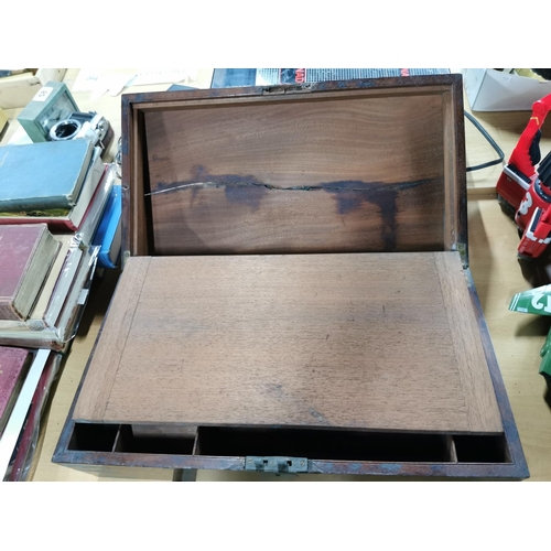 88 - Brass bound writing slope for restoration secret draw on the side, one hand missing from opposite si... 