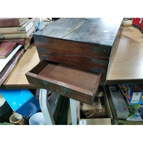 88 - Brass bound writing slope for restoration secret draw on the side, one hand missing from opposite si... 