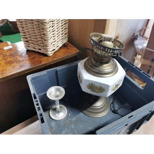 478 - Two boxes of odds inc two wade decanters and an oil lamp