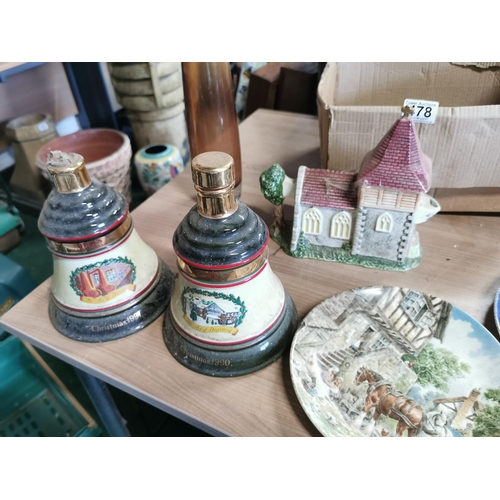 478 - Two boxes of odds inc two wade decanters and an oil lamp