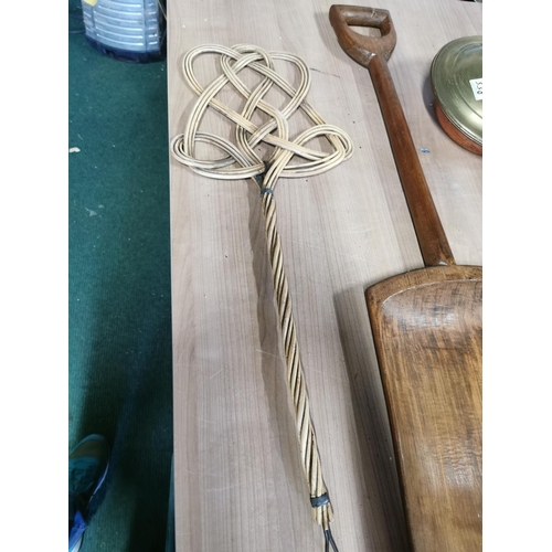 538 - Large antique wooden malt shovel, carpet beater, bed pan and pair of bellows