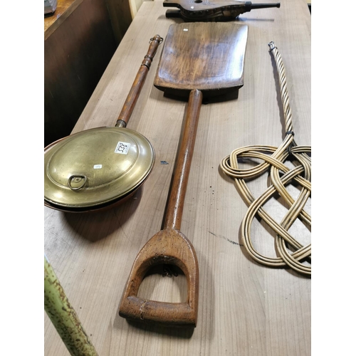 538 - Large antique wooden malt shovel, carpet beater, bed pan and pair of bellows