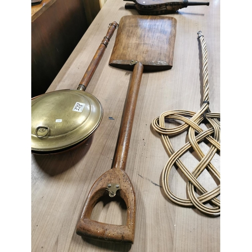 538 - Large antique wooden malt shovel, carpet beater, bed pan and pair of bellows