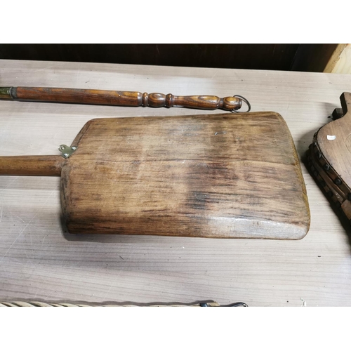 538 - Large antique wooden malt shovel, carpet beater, bed pan and pair of bellows