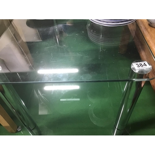 384 - Glass & Chrome coffee table 45cm high, 50cm wide, 100cm long