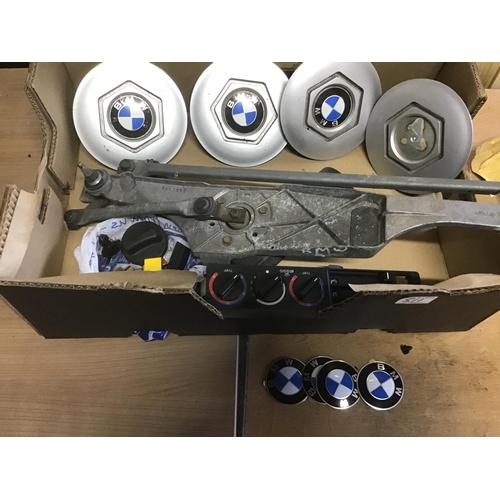 511 - Box of BMW parts for a series 5 including wiper motor assembly and some new badges