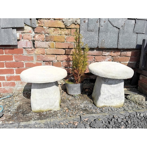 429 - Pair of stoneware saddle stones  along with a conifer tree in a galvanised planter, height of stones... 