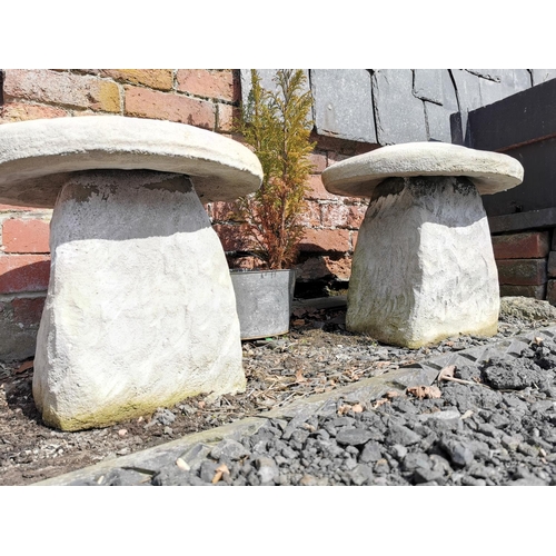 429 - Pair of stoneware saddle stones  along with a conifer tree in a galvanised planter, height of stones... 