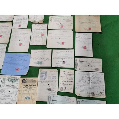 111 - Job lot of Victorian and Edwardian invoices most with stamps approx. 60 stamps in total, all local t... 