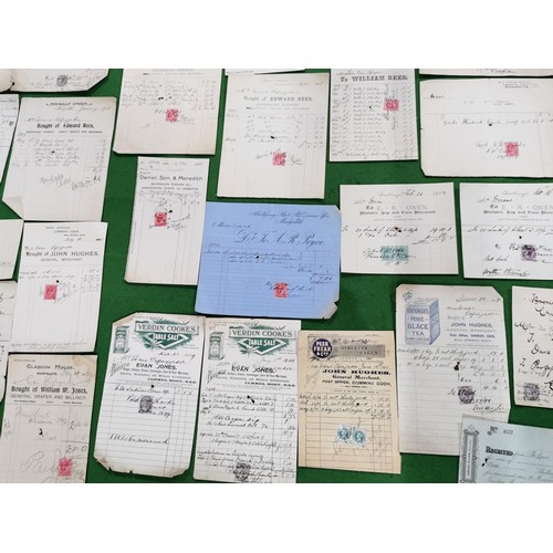 111 - Job lot of Victorian and Edwardian invoices most with stamps approx. 60 stamps in total, all local t... 