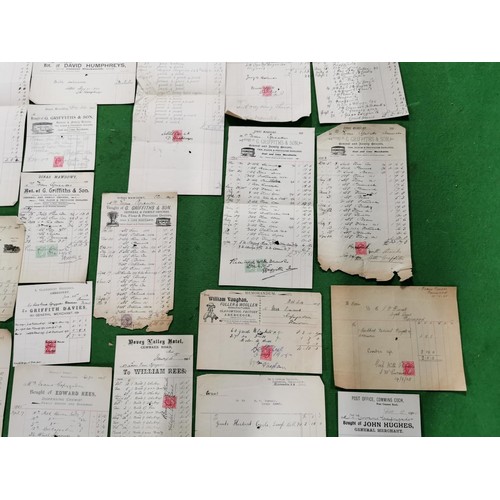 111 - Job lot of Victorian and Edwardian invoices most with stamps approx. 60 stamps in total, all local t... 