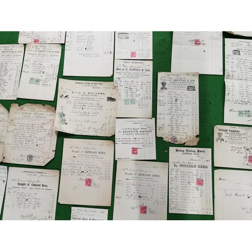 111 - Job lot of Victorian and Edwardian invoices most with stamps approx. 60 stamps in total, all local t... 