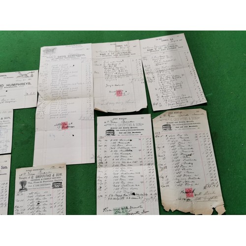 111 - Job lot of Victorian and Edwardian invoices most with stamps approx. 60 stamps in total, all local t... 