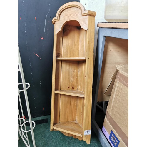 421 - Small solid pine corner unit 88cm high with a width of 27cm and a metal folding three tier tea light... 