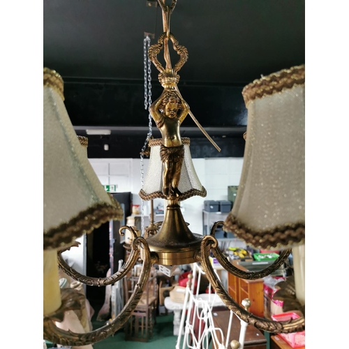 250e - Ornate gilt cherub 5 arm light electric light fitting, with 5 matching shades and one spare new and ... 