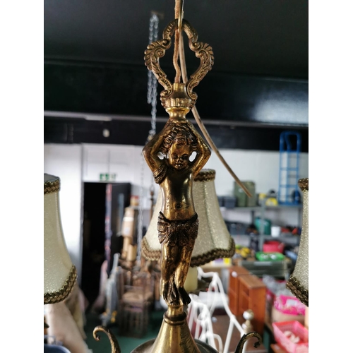 250e - Ornate gilt cherub 5 arm light electric light fitting, with 5 matching shades and one spare new and ... 