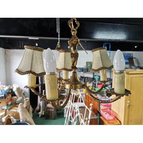 250e - Ornate gilt cherub 5 arm light electric light fitting, with 5 matching shades and one spare new and ... 