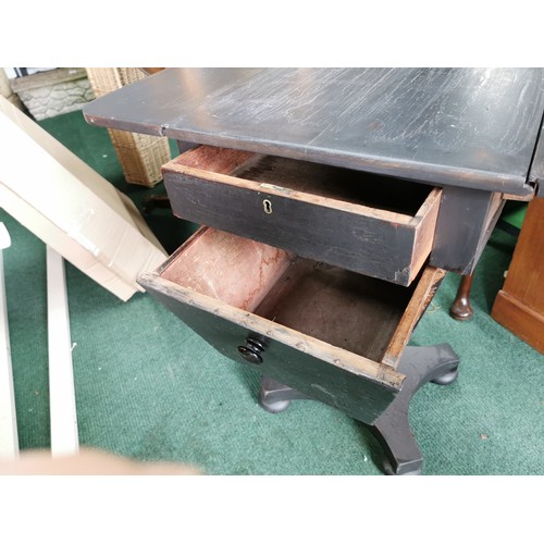 373 - Drop flap storage table one small drawer one deep drawer finished in smoke black 70cm high