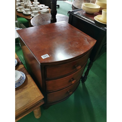 385 - 3 drawer bow fronted bedside chest in mahogany finish