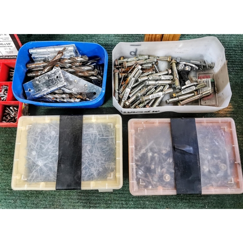 13 - Large quantity of screws in containers plus a car  battery charger drill bits etc
