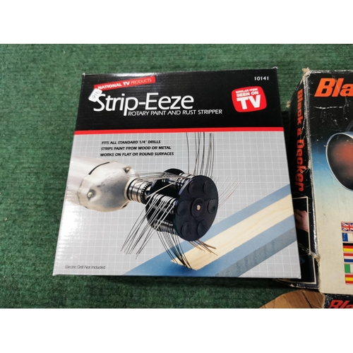 1 - Black and decker hot air gun, along with a nozzle kit and boxed strip-eeze rotary paint and rust str... 