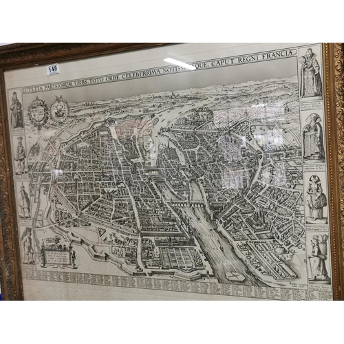 148 - Large gilt framed lithograph of paris, Lutetia parisiorum urbs, toto orbe celeberrima notissimaque, ... 