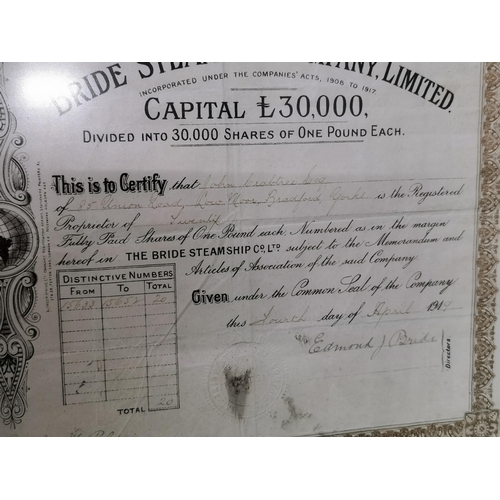 149 - Framed and glazed bride steam ship company share certificate