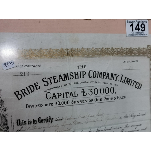 149 - Framed and glazed bride steam ship company share certificate