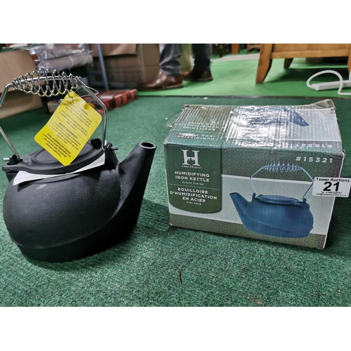 21 - Boxed cast iron kettle, wicker basket, quantity of table mats etc