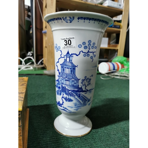 30 - Tall Royal Winton Blue & White vase along with an atlas scene storage box