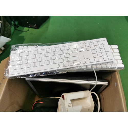 43 - Box of odds inc a computer monitor keyboard and mouse two guitar tuners etc