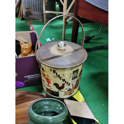 48 - Two boxes of odds inc brass tobbacco jar a vintage biscuit barrel a howard salt pot etc