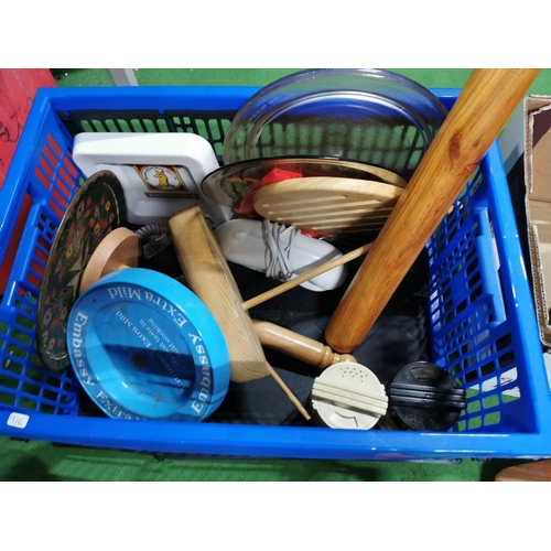 48 - Two boxes of odds inc brass tobbacco jar a vintage biscuit barrel a howard salt pot etc