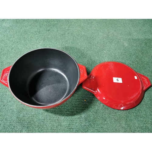 6 - Red enameled cast iron lidded cooking pot by Aga appears in unused condition